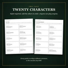 Twenty characters: eight required, add the others in order, anyone can play anyone. Two pages of name tags from the evidence pack, character 1 to 20, every name and role blurred. Every guide is written without a pronoun, so the cast fits any table.