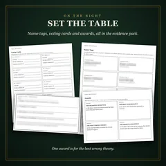 Set the table: name tags with the names blurred, voting cards, a team verdict card blurred, and the awards, all in the evidence pack: the sharpest detective, the best performance, the best wrong theory and the room's conscience. One award is for the best wrong theory.